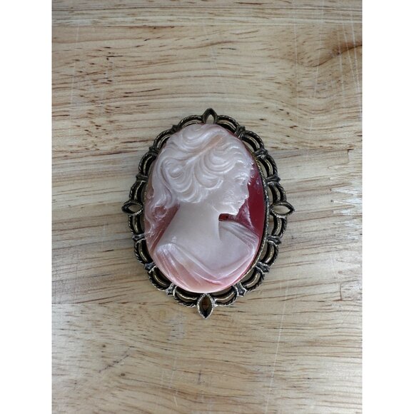 Vintage Lady Cameo Brooch With Ornate Bronze Frame & Pin Back - Picture 1 of 6